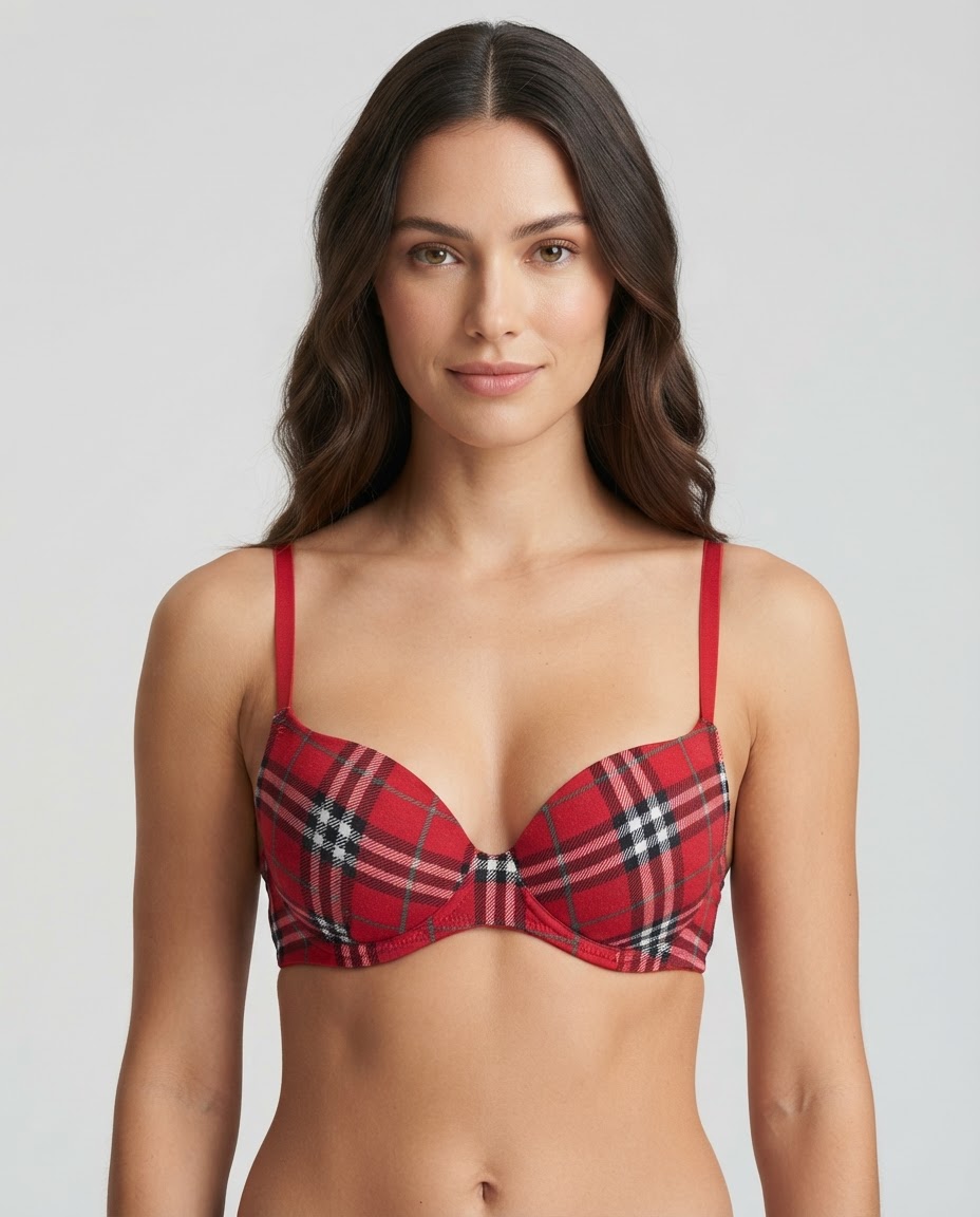 0401 Non Wired Padded Bra Red Model Front Sylve Checks Print Padded Non-Wired Bra - Image 1