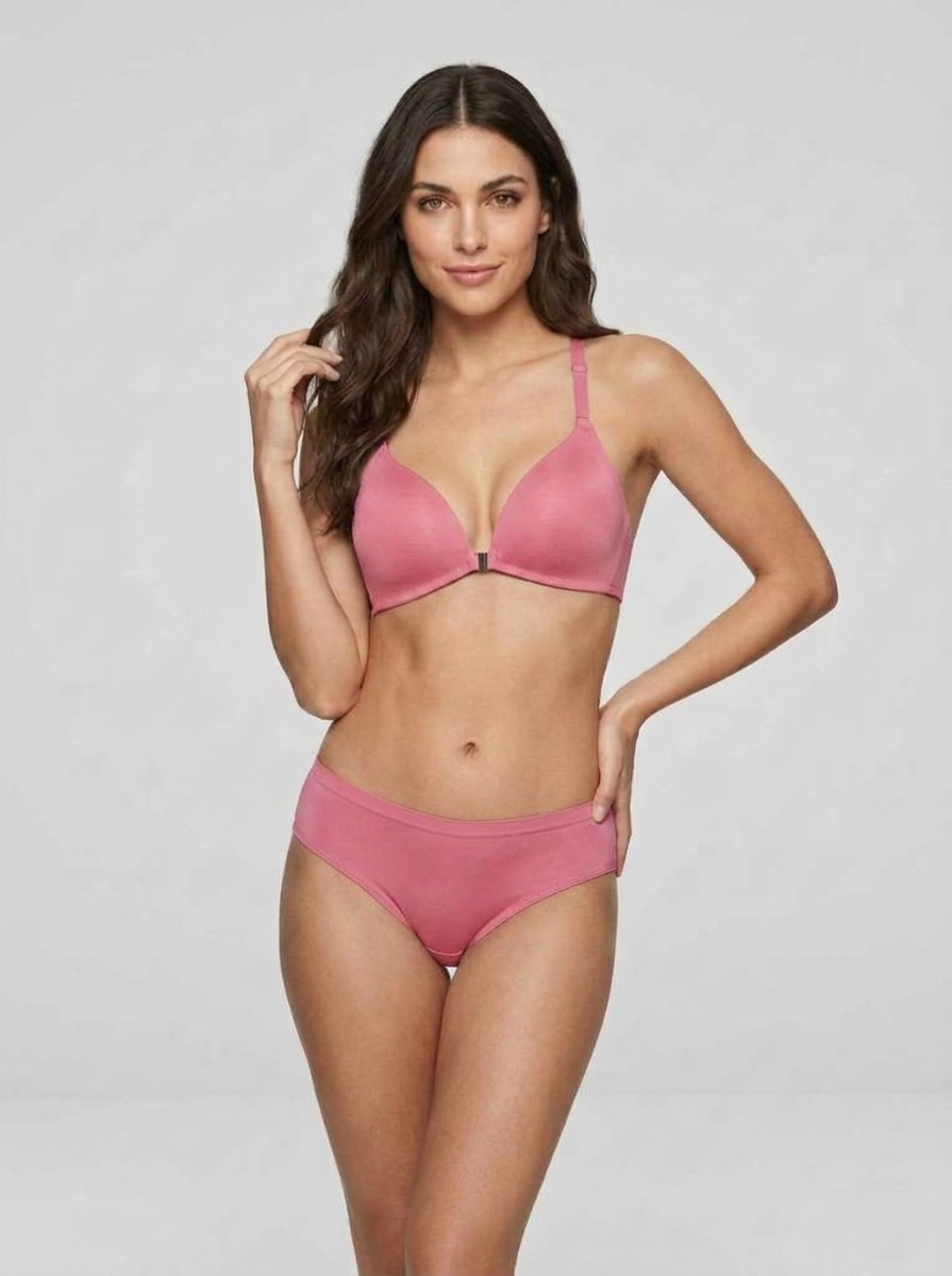 2101 Bra Set Pink Model Front Sylve Plunge Non-Wired Bra & Slip Panty Soft Silk Set - Image 1