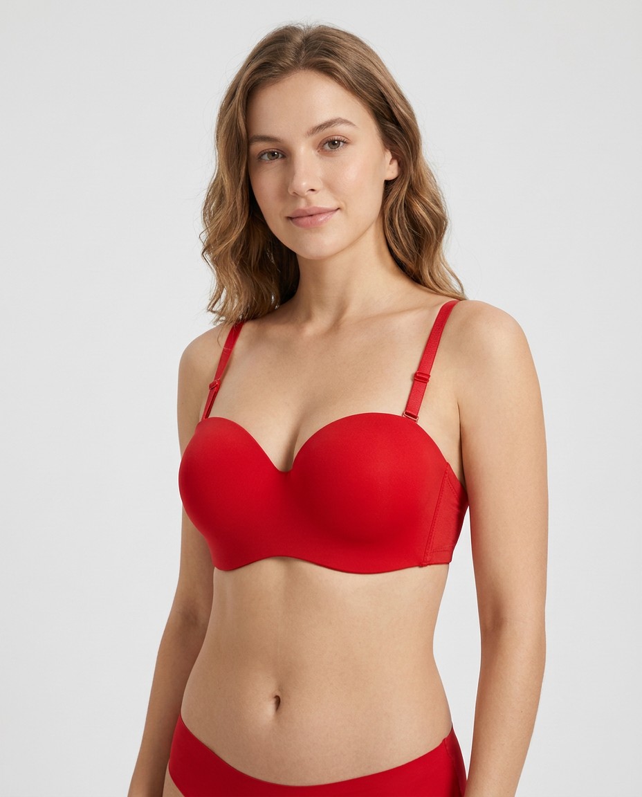 268 Wired Padded Seamless Bra Red Model Front Sylve Seamless Multiway Strapless Padded Wired Bra - Image 1