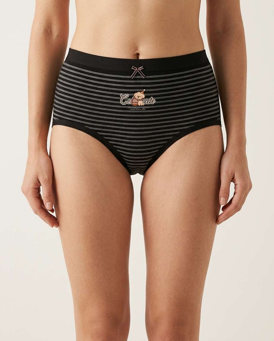 33165 Striped Soft Printed Panty Black Model Front Sylve Striped Soft Stretchable Panty - Image 1
