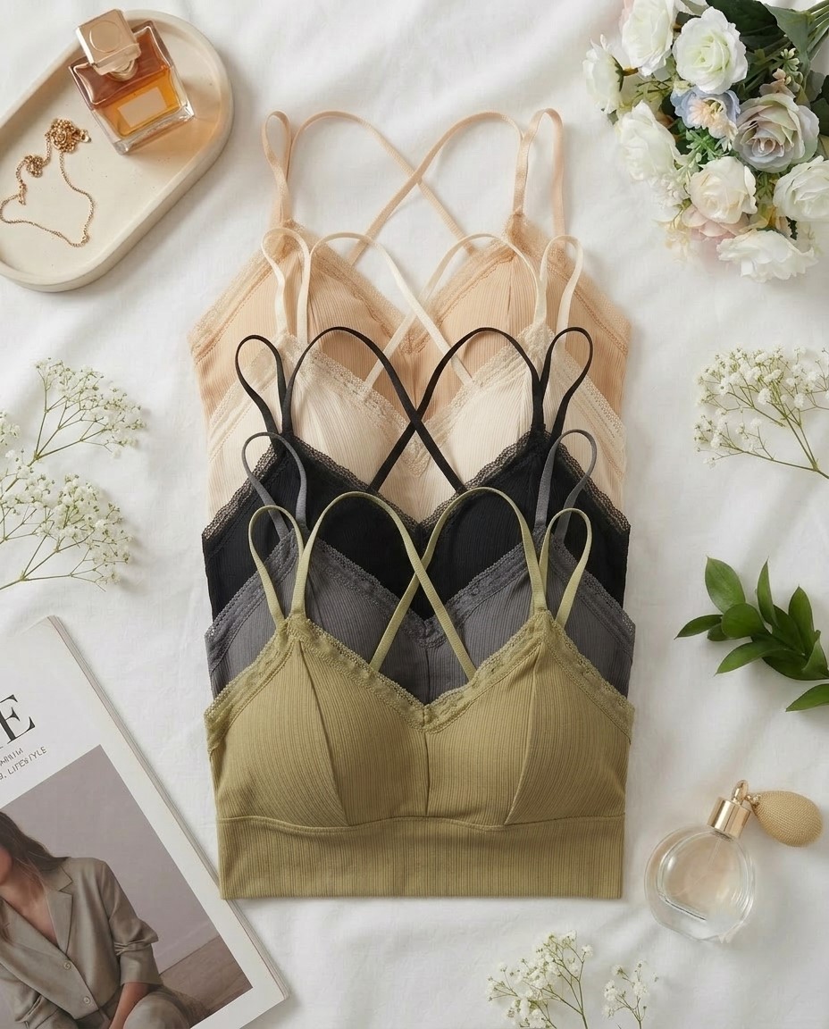 566 Padded Bralette all Sylve Ribbed Mesh Edge Padded Bralette Combo Pack of 2 - Image 1