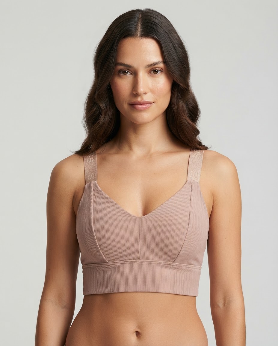 8006 Padded Bralette Pink Model Front Sylve Ribbed Wide Sheer Belt Padded Bralette - Image 1
