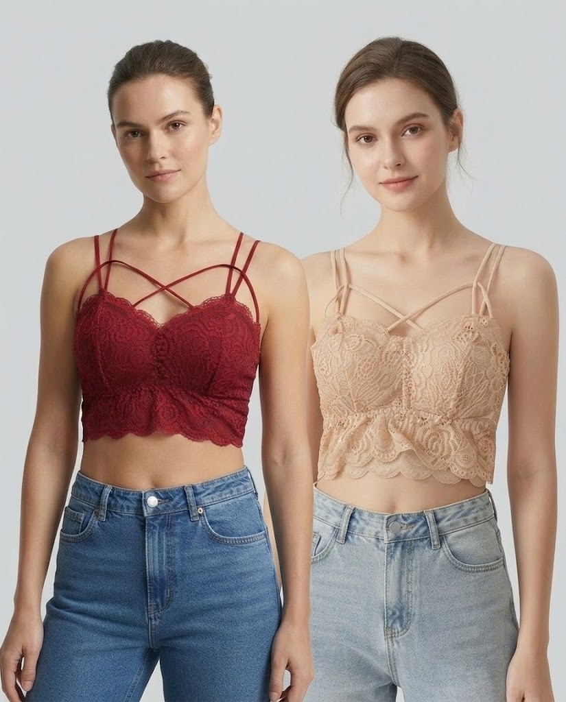 552 Combo 2 Sylve Solid Net Trim Padded Bralette Combo Pack of 2 - Image 1